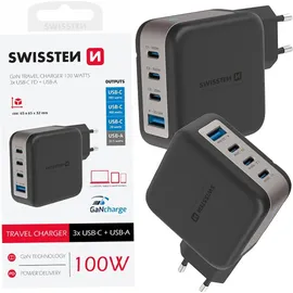 Swissten Swissten, GaN Travel Charger 100W 3x USB-C + USB-A schwarz
