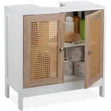 Relaxdays Waschbeckenunterschrank, 60 cm breit, 2 Fächer, Siphon-Aussparung, Rattan-Türen, Badunterschrank, weiß/Natur