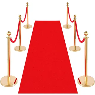 Vevor Absperrpfosten 6-teilig Personenleitsystem Set mit Rotem Teppich 8 m & 4 Roten Samtseilen 1,5 m Golden