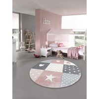 Teppich-Traum Kinderzimmer Teppich Spiel & Baby Teppich Herz Stern Punkte Design in Rosa Weiß Grau 200 cm rund