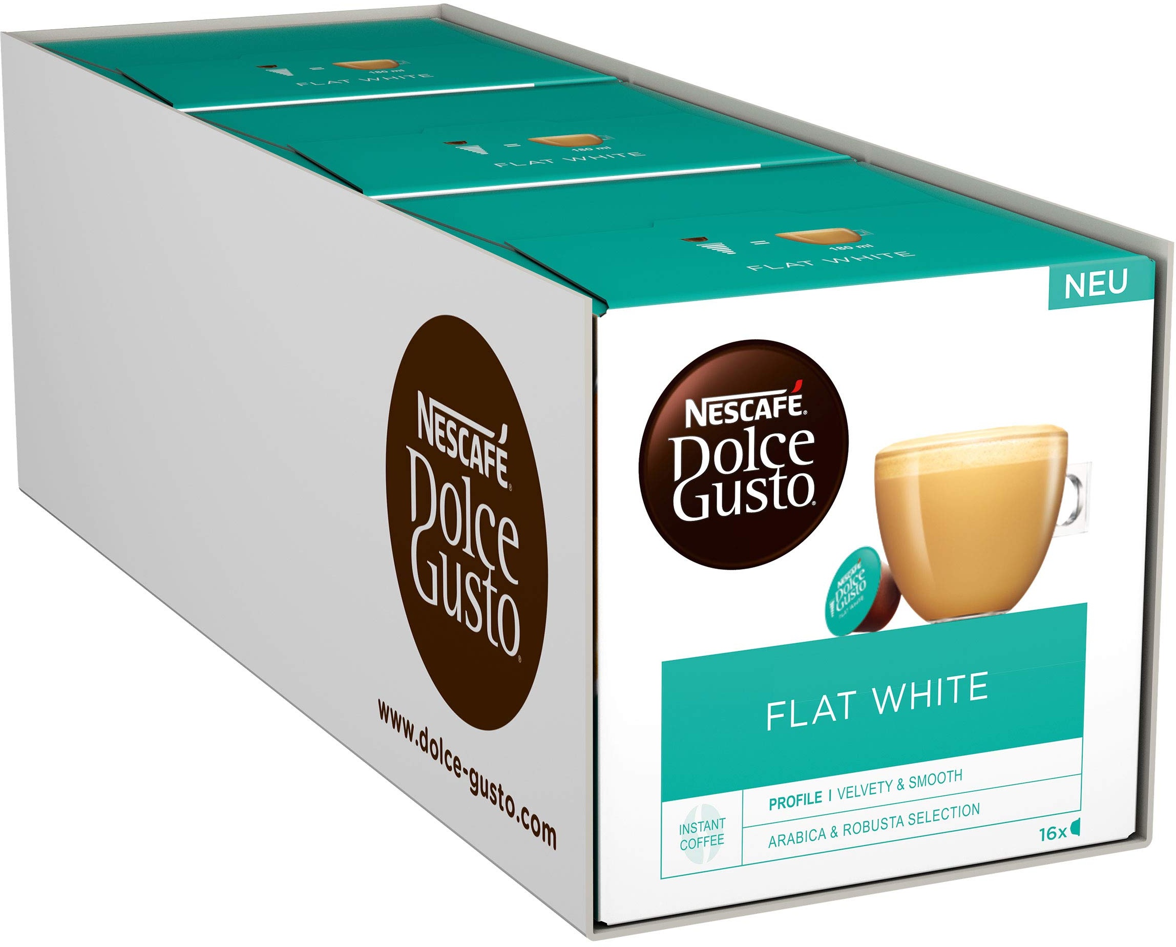 NESCAFÉ Dolce Gusto Flat White, 48 Kaffeekapseln, Arabica und Robusta Bohnen, Cremig-Milchiger Genuss, Kaffeekreation, Coffee-Shop Trend, Aromaversiegelte, 3er Pack (3x16 Kapseln)