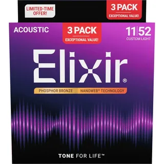 Elixir Strings Elixir Saiten, 16568 Nanoweb Acoustic Ph Bronze 11-52 - 3 Pack -
