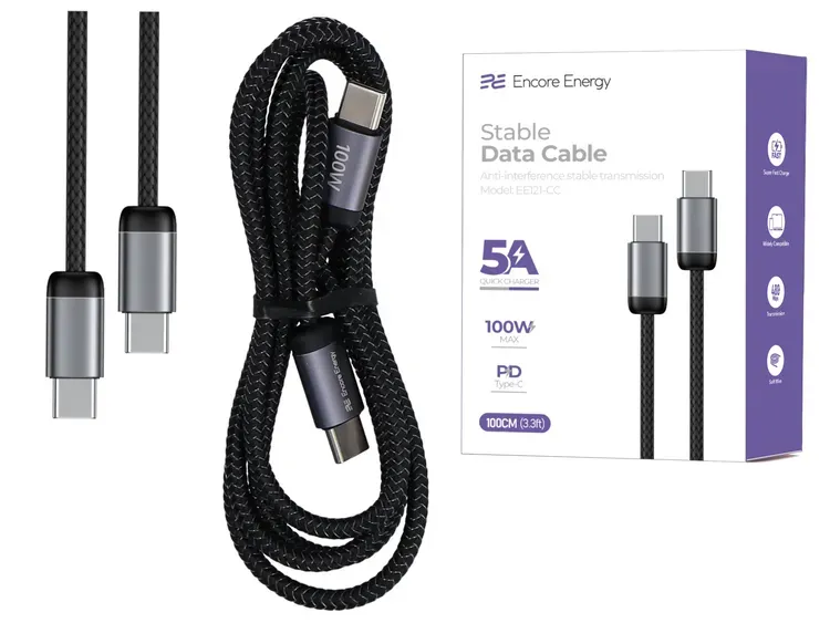 Neues Encore Energy USB-C-Kabel x2 5A QC PD 100W zum Laden und Datenübertragung 100 cm geflochten schwarz EE121-CC-1M