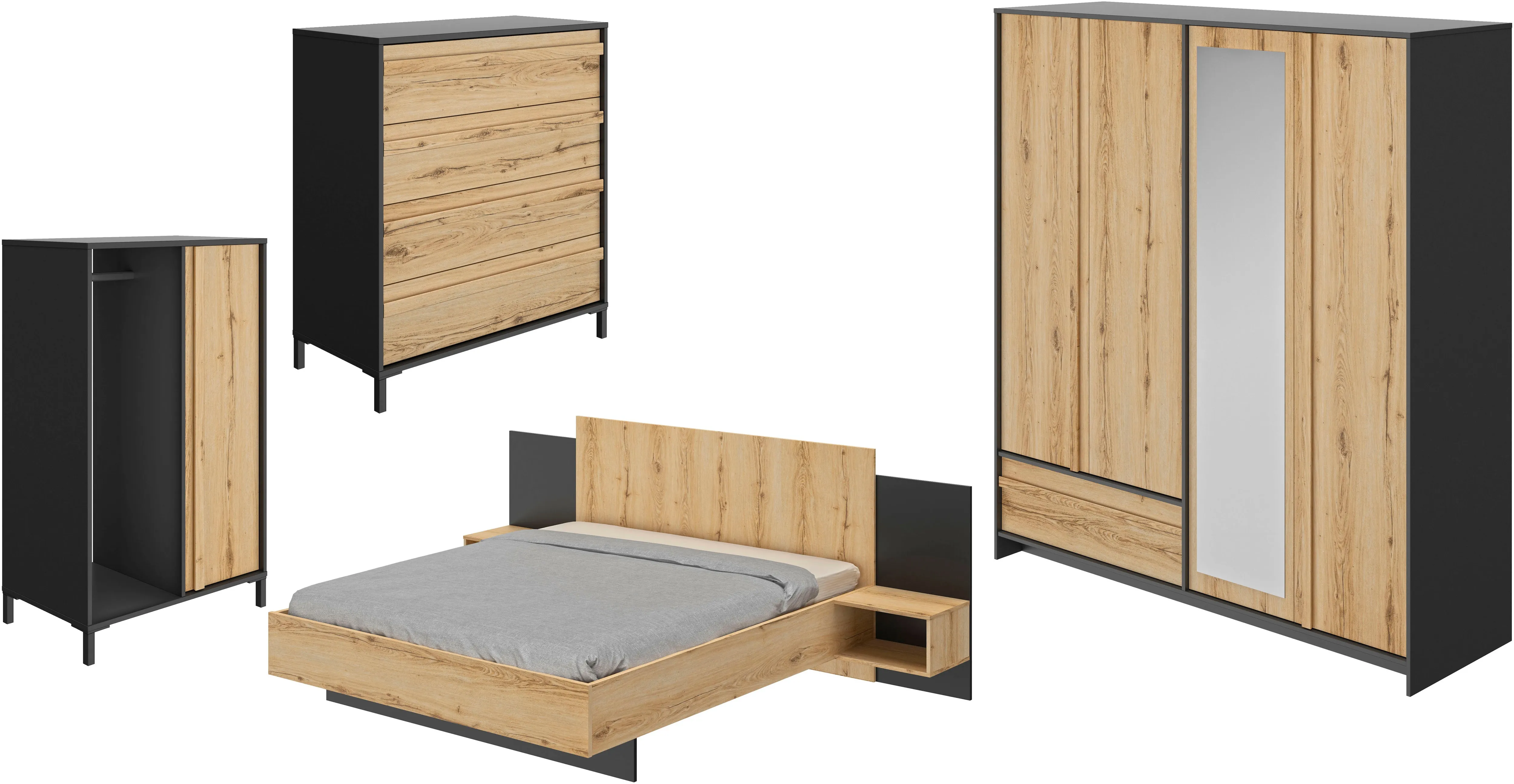 Schlafzimmer-Set GAMI "Mimizan", braun (schwarz – eiche helvezia), B/H: 160cm x 200cm, Schlafzimmermöbel-Sets