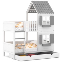 Siblo Etagenbett Etagenbett Haus ANNDY DFP mit Schublade - Etagenbett in Hausform - Etagenbetten - Kinderbetten - Massivholz - HDF - Kinderzimmer (Etagenbett mit Schublade), Ohne Matratze grau 80 cm x 160 cm x 229 cm