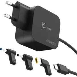 j5create JUP1565DCE3A-EN GaN-PD-USB-C®-Mini-Ladegerät mit 67 Watt und 3 EU-konformen DC-Steckverbindertypen Schwarz
