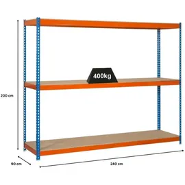 Proregal Schwerlastregal Wood Beast Three HxBxT 200 x 240 x 90 cm 3 Ebenen Fachlast 400 kg Blau-Orange