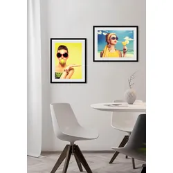 queence Bild »Urlaubsgefühle«, Frau-Bilder von Frauen-Art-Kunst-Fashion-Mode-Magazincover-Meer-Meer Bilder, (1 St.), HD Premium Poster-Druck inkl. Holzrahmen queence Farbe Rahmen: schwarz + Farbe Bild(er): gelb