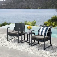Svita LOIS L Poly Rattan Sitzgruppe Gartenmöbel Metall-Garnitur Bistro-Set Tisch Sessel Schwarz - Schwarz