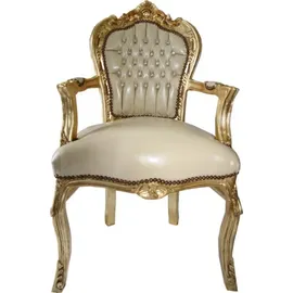 Casa Padrino Barock Esszimmer Stuhl mit Armlehnen Creme Lederoptik Gold