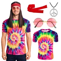 Betensh 70er Hippie Kostüm Herren Damen, Accessoires Batik Shirt Hippie Brille Peace Kette, 70er Jahre Outfit Herren für Karneval Cosplay L