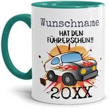 Tassendruck Tasse mit Name & Jahr Personalisieren - Name hat den Führerschein - Auto - Tassen Bedrucken, Führerscheinprüfung bestanden | Personalisiertes Geschenk, 300ml, Innen & Henkel Türkis