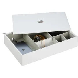 Relaxdays Schmuckaufbewahrung, Schmuckkästchen mit vielen Fächern & Deckel, H x B x T: 7 x 32 x 22 cm, Lederoptik, weiß