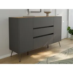 Sideboard Kommode Lovo 155cm Greifraum 3 SoftClose 2 Türen Grafit/Eiche Top