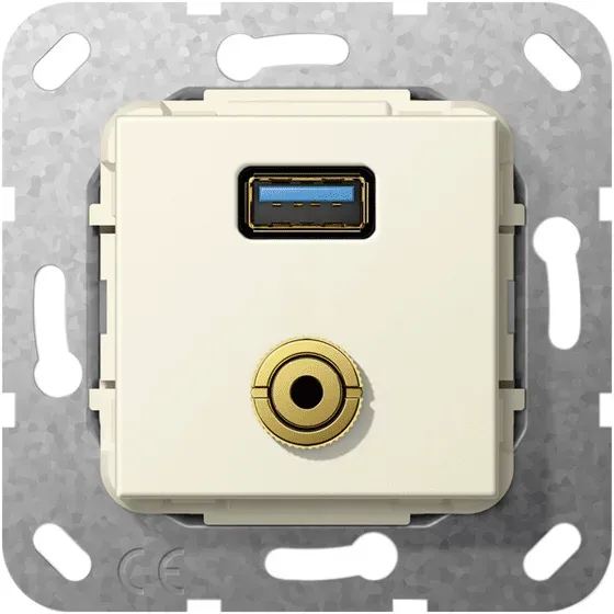 Gira Einsatz USB 3.0 Typ A und Miniklinke 3,5 mm Gender Changer USB, Kabelpeitsche Miniklinke (creme.gl.)