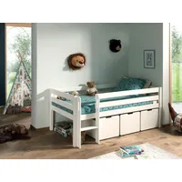 Vipack Spielbett »Vipack Pino«, (Made in Europe), Niedriges Spielbett mit Liegefläche 90 x 200 cm, inkl. Leiter und 3 Schubkästen, Kiefer und MDF weiß