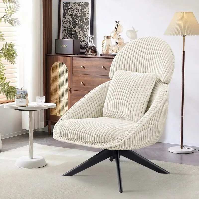 Ckaff Lounge-Sessel Wohnzimmerstuhl 360° drehbar, Ohrensessel Polstersessel mit dickem abnehmbarem Wurfkissen, Relaxsessel Lesesessel für Wohnzimmer Schlafzimmer Büro, Beige