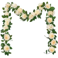 SHACOS 3 Stück (6 Meter) Künstliche Blumengirlande Champagner, Pfingstrosen Girlande Künstlich, Blumengirlande Rosen Seidenblumen Girlande Kunstblumen Hängend Rosengirlande für Hochzeit, Hause, Dekor