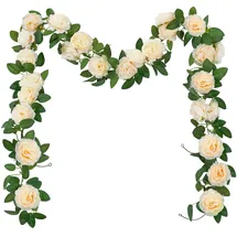 SHACOS 3 Stück (6 Meter) Künstliche Blumengirlande Champagner, Pfingstrosen Girlande Künstlich, Blumengirlande Rosen Seidenblumen Girlande Kunstblumen Hängend Rosengirlande für Hochzeit, Hause, Dekor