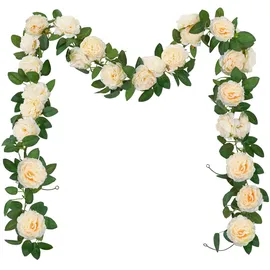 SHACOS 3 Stück (6 Meter) Künstliche Blumengirlande Champagner, Pfingstrosen Girlande Künstlich, Blumengirlande Rosen Seidenblumen Girlande Kunstblumen Hängend Rosengirlande für Hochzeit, Hause, Dekor