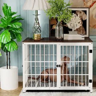 Bingo Paw Xxl Hundekäfig Schrank Holz Hundebox für große Hunde, Hundehütte Hundehaus mit Tischoberfläche, Weiß