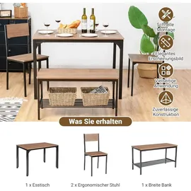 Costway Esstisch Set 4 Stück, Küchentisch mit 2 Stühlen & 1 Bank & Regal, Industrie, Esszimmer Tisch