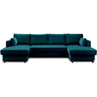 Lisa Design Anna, Wohnlandschaft U-Form, 7-Sitzer, mit Schlaffunktion und Bettkasten, aus Samt , Entenblau - Blau