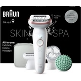 Braun Silk-épil 9 SkinSpa All-in-One Set, Epilierer Damen / Haarentferner für langanhaltende Haarentfernung, Rasieraufsatz, Massageaufsatz, 9-080, Weiß/Rosa