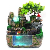 Zimmerbrunnen Harz Steingarten Wasserbrunnen LED Lichter Desktop Ornament mit Steingarten Zerstäuber