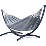 Potenza Outdoor Hängematte mit Gestell für 2 Personen I Medelin - 100% Baumwolle Doppelhängematte 220x140, 160kg I Hängemattengestell 220kg, wetterfest (B&W Latte, Basic Gestell Graphit)