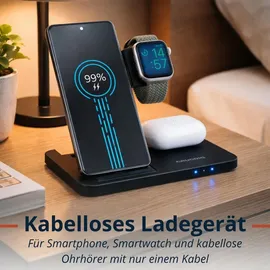 Grundig 3-in-1 Ladestation Apple Watch und iPhone – Qi Ladegerät mit Ladefunktion für Smartphone, Smartwatch, Kopfhörer – Wireless Charger – Faltbar