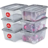 Iris Ohyama Aufbewahrungsboxen mit Deckel, 15L, 6er-Set, Silber, Sicherer Verschluss, Stapelbar, Griffe, Schlafzimmer, Schrank, Büro, Organisation, BPA-freies Plastik, Ordnungsboxen, NTB-15