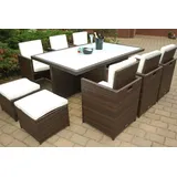 Ragnarök-Möbeldesign PolyRattan Essgruppe DEUTSCHE Marke - EIGNENE Produktion Tisch + 6 Stuhl & 4 Hocker - 8 Jahre GARANTIE - Garten Möbel incl. Glas und Sitzkissen braun