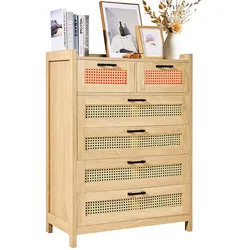 VEVOR Rattan-Schubladenkommode Wohnzimmerschrank 5 Schubladen Holzfarbe Licht