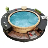 Voupuoda Rattan Spa Umrandung Rund Poolumrandung mit hölzernen Spa-Stufen Whirlpool Spa Poolumrandung Schwarz