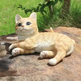 Bambelaa! Katze Figur Garten Skulptur Deko Gartenfigur Polyresin Für Außen und Innen Liegend Beige ca. 15,5 × 10 × 8 cm