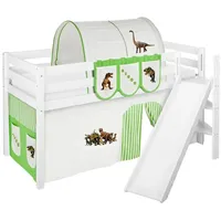 Spielbett JELLE 90 x 190 cm Dinos Grün Beige - Hochbett LILOKIDS - Weiß - mit schräger Rutsche und Vorhang - Weiß/Grün/Beige