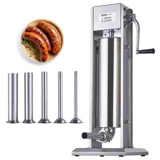 Vevor Manueller Wurstfüller, 7 l / 15 Pfund vertikale Wurstmaschine, Fleischfüller mit zwei Geschwindigkeiten, aus lebensmittelechtem 304 Edelstahl, inkl. 5 Füllrohren, für Zuhause, Küche, Restaurant