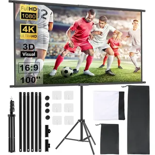 OWill Leinwand Beamer Mit Stativ 100 Zoll, 16:9 HD Ausfahrbar, Tragbar Projektor für Heimkino, Büro, Schule, Präsentation