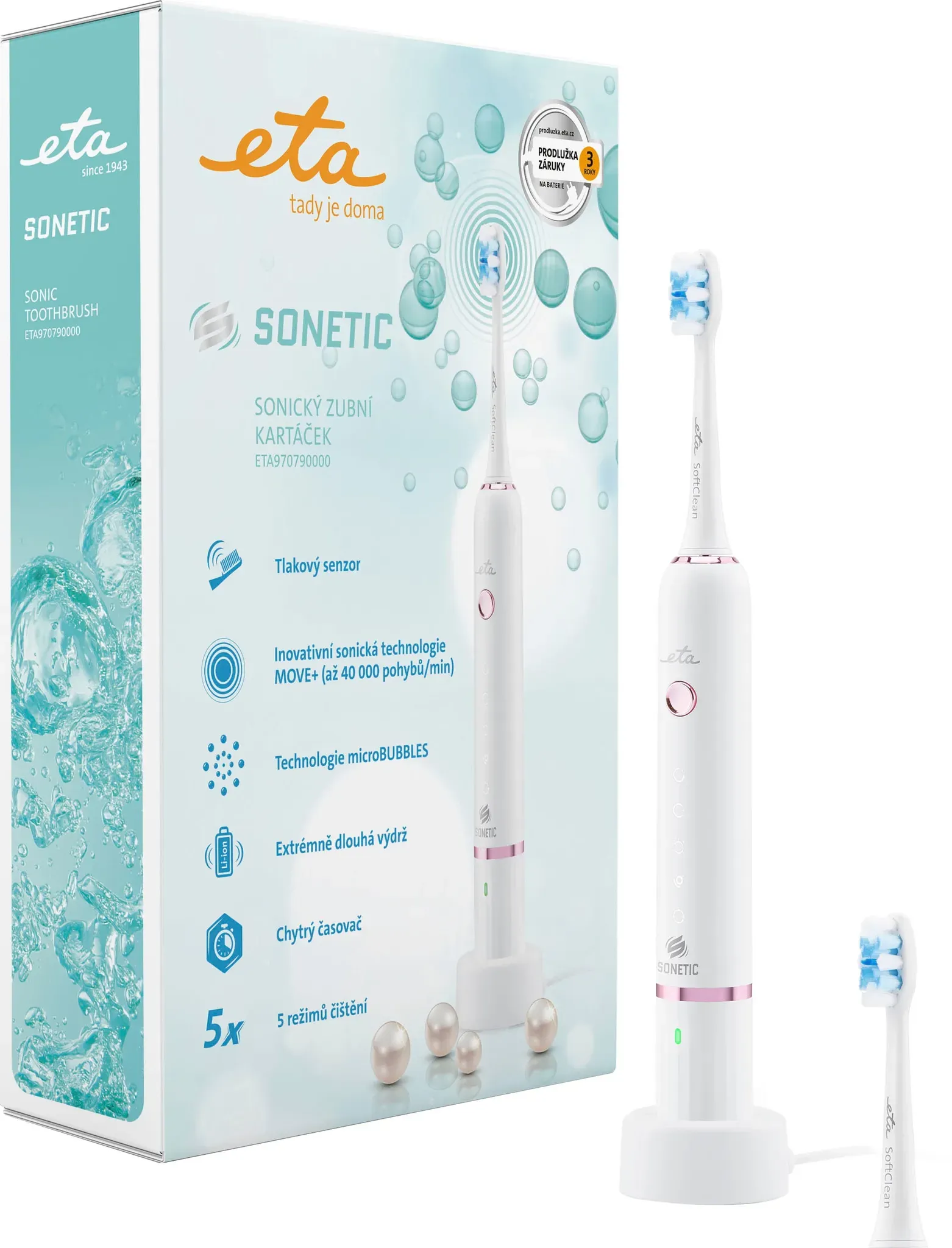 Preisvergleich Produktbild Schallzahnbürste ETA "Sonetic ETA970790000" Elektrozahnbürsten weiß Innovative Schalltechnologie MOVE+ (bis zu 40.000 BewegungenMinute)