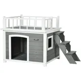 PawHut Hundehütte Hundehaus mit Balkon Erhöhtes Kleintierhaus mit Treppe, Fenster, Hundehöhle für Mittele, Große Hunde, Tannenholz, Hellgrau Holz B/H/L: ca. 77x121x78 cm