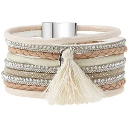 Wickelarmband LASCANA "Layer Armband mit Tassel", Damen, Gr. Textil-Metall, rosa (altrosa, creme), Textil, Metall, bunt, glitzernd, feminin, Armbänder Armspange, mit Magnetverschluss, Armschmuck