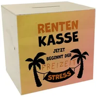 speecheese Rentenkasse - jetzt beginnt der Freizeitstress Spardose aus Holz als lustige Geschenkidee für den Renteneintritt von Kollegen und Großeltern mit Palmenmotiv