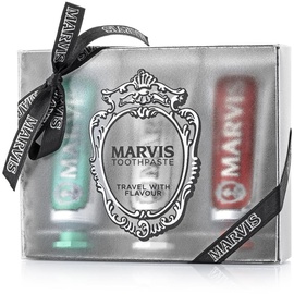 Marvis Travel With Flavour Geschenkset: Zahnpasta Classic Strong Mint 25 ml + Zahnpasta Whitening Mint 25 ml + Zahnpasta Cinnamon Mint 25 ml
