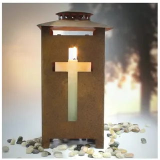 muchome Grablaterne mit Kreuzdekor 13x13x25cm Grablampe Grableuchte (Rost)