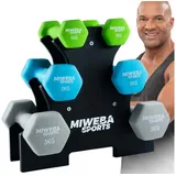 Miweba Sports Hantel-Set Premium Gymnastikhantel-Set NKH120 inkl. Hantelablage, (rutschfest - Fitness Sport Muskelaufbau Training Hantel Set Kurzhantelset Kettlebell Set, 3 Farben, Neopren, Hexagon-Form, 1 kg - 2 kg - 3 kg), Kurzhantel Aerobic Hantel Set Fitnesshanteln Gewichte grau|grün