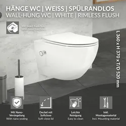 LuxeBath Spülrandloses WC Hänge WC Softclose Nano-Beschichtung Deckel Bidet-Funktion lang