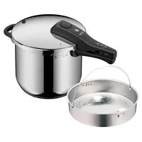 WMF Perfect Schnellkochtopf Induktion 6,5l, Dampfkochtopf mit Einsatz, großes Kochsignal, 2 Kochstufen, abnehmbarer Deckelgriff, Cromargan Edelstahl
