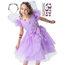 corimori Schmetterling Kostüm Kleid mit Flügeln für Kinder | mit Tattoos & Haarband | Feenkleid Mira für Fasching, lila, Größe 128/134