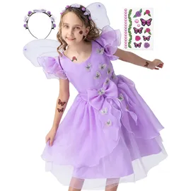 corimori Schmetterling Kostüm Kleid mit Flügeln für Kinder | mit Tattoos & Haarband | Feenkleid Mira für Fasching, lila, Größe 128/134